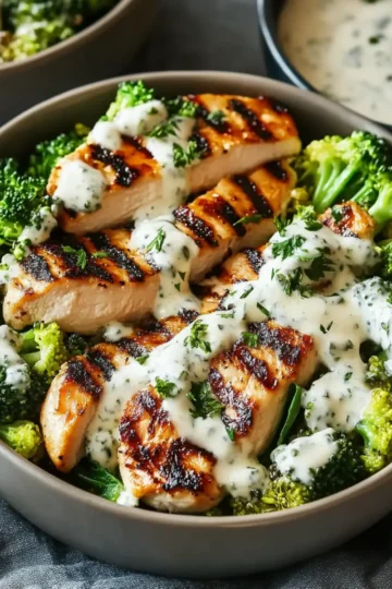 Grilled Chicken & Broccoli Bowls with Creamy Garlic Sauce
