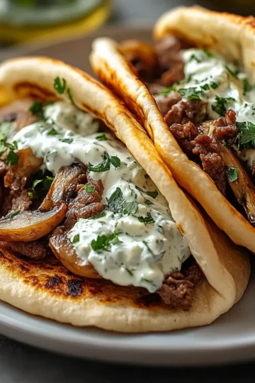 Cheesy Beef and Mushroom Pita Pockets with Tzatziki Sauce
