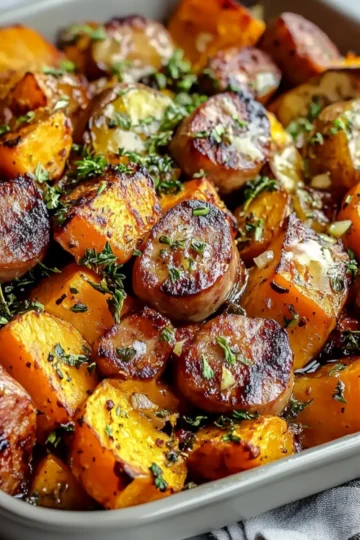 Sheet Pan Sausage and Sweet Potatoes with Honey Garlic Sauce