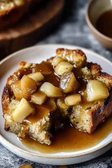 Cardamom Pear Bread Pudding with Caramel Sauce