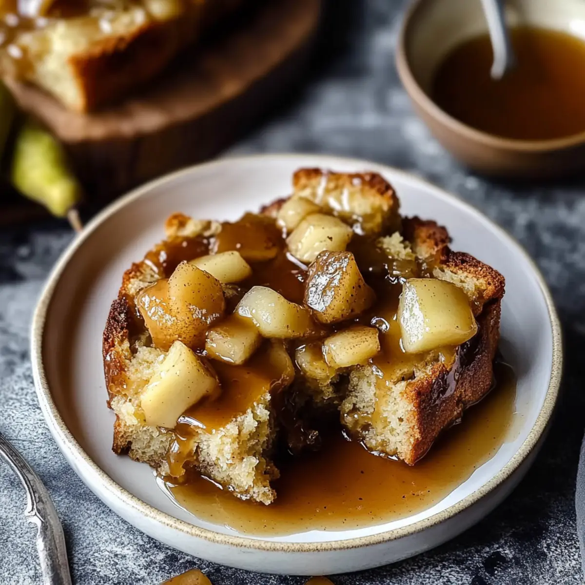 Cardamom Pear Bread Pudding with Caramel Sauce